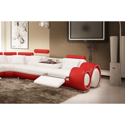 Canapé d'angle en cuir italien 5/6 places PETIT EXCELIA, blanc et rouge, angle gauche