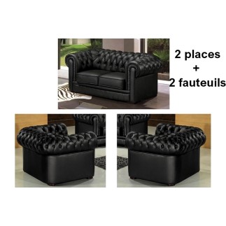 Ensemble 2+1+1, canapé 2 places et 2 fauteuils 1 place, en cuir luxe italien CHESTERFIELD, noir