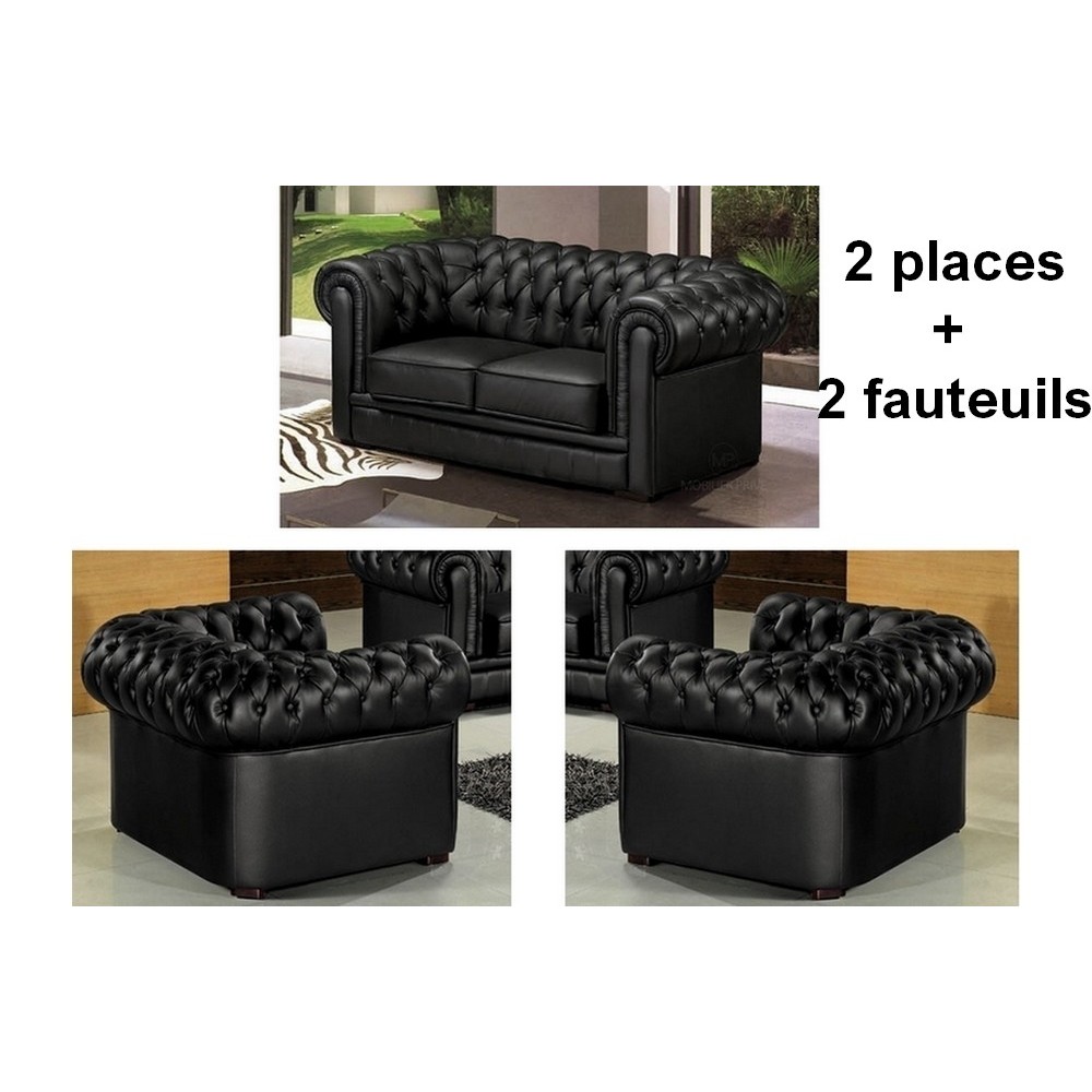 Ensemble 2+1+1, canapé 2 places et 2 fauteuils 1 place, en cuir luxe italien CHESTERFIELD, noir Ensemble 2+1+1, canapé 2 places et 2 fauteuils 1 place, en cuir luxe italien CHESTERFIELD, noir