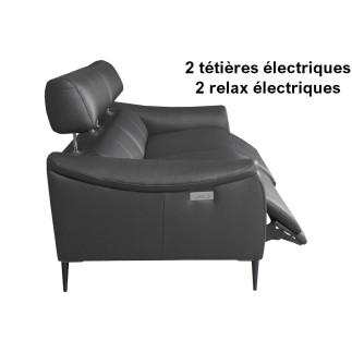 Canapé 3 places avec 2 relax en 100% tout cuir épais de luxe italien avec 2 relax électriques et 2 têtières électriques, MILAN,