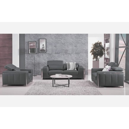 Ensemble Canapé 3 places et 2 places et fauteuil 1 place en cuir italien buffle LUXY, gris foncé