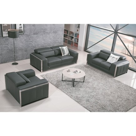 Ensemble Canapé 3 places et 2 places et fauteuil 1 place en cuir italien buffle LUXY, gris foncé