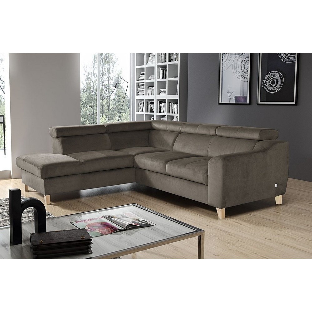 Canapé d'angle en velours luxe 5 places, ASHLEY, taupe, angle gauche (vu de face)