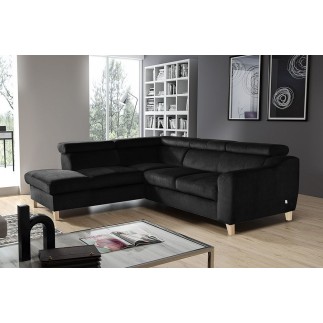 - Canapé d'angle en velours luxe 5 places, ASHLEY, noir, angle gauche (vu de face)