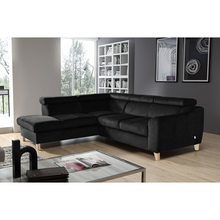 - Canapé d'angle en velours luxe 5 places, ASHLEY, noir, angle gauche (vu de face)