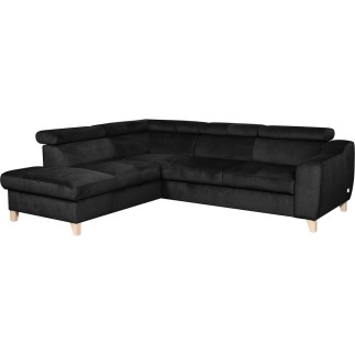 - Canapé d'angle en velours luxe 5 places, ASHLEY, noir, angle gauche (vu de face)
