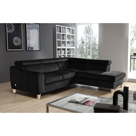 Canapé d'angle en velours luxe 5 places, ASHLEY, noir, angle droit (vu de face)