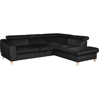 Canapé d'angle en velours luxe 5 places, ASHLEY, noir, angle droit (vu de face)