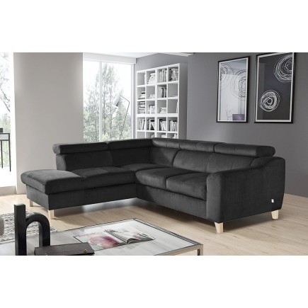 Canapé d'angle en velours luxe 5 places, ASHLEY, gris foncé, angle gauche (vu de face)