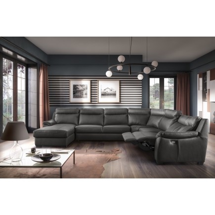 Canapé d'angle relax et convertible en cuir épais de luxe italien avec relax électrique, 8 places BOSINI, anthracite, angle droi
