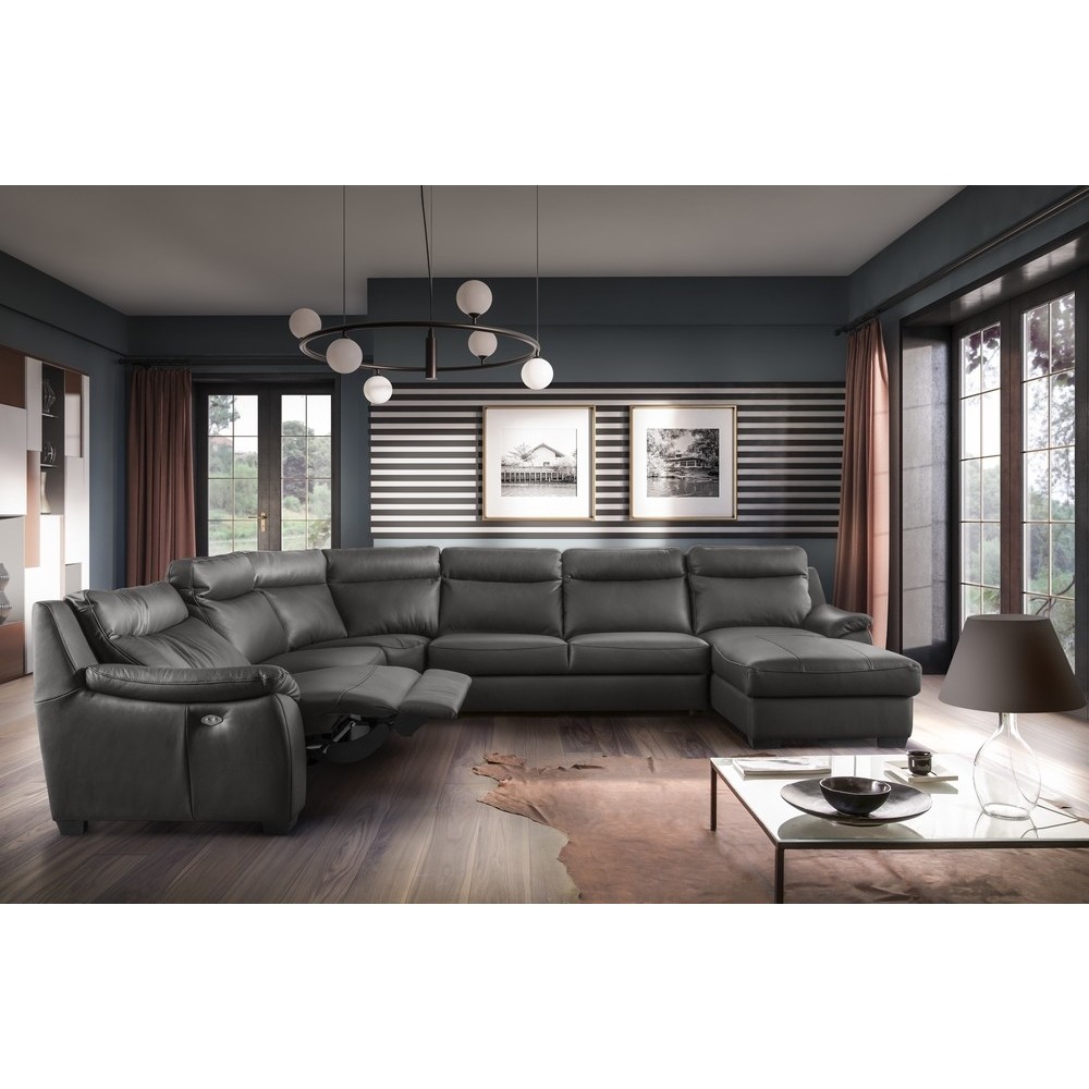 Canapé d'angle relax et convertible en cuir épais de luxe italien avec relax électrique, 8 places BOSINI, anthracite, angle gauc