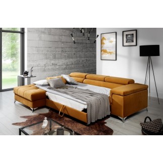 - Canapé d'angle convertible en tissu velours luxe 5 places, RICHARD, couleur moutarde, angle gauche