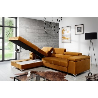 - Canapé d'angle convertible en tissu velours luxe 5 places, RICHARD, couleur moutarde, angle gauche