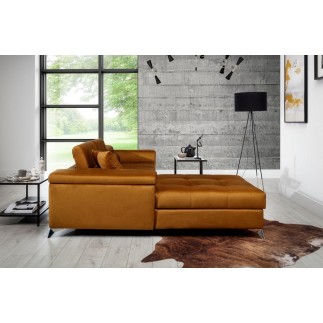- Canapé d'angle convertible en tissu velours luxe 5 places, RICHARD, couleur moutarde, angle gauche