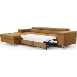 - Canapé d'angle convertible en tissu velours luxe 5 places, RICHARD, couleur moutarde, angle gauche