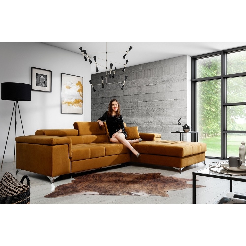 Canapé d'angle convertible en tissu velours luxe 5 places, RICHARD, couleur moutarde, angle droit