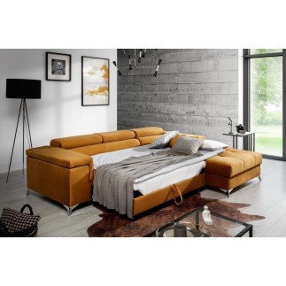 Canapé d'angle convertible en tissu velours luxe 5 places, RICHARD, couleur moutarde, angle droit