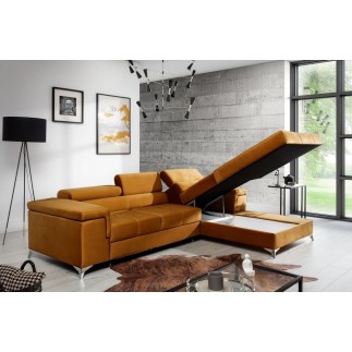 Canapé d'angle convertible en tissu velours luxe 5 places, RICHARD, couleur moutarde, angle droit