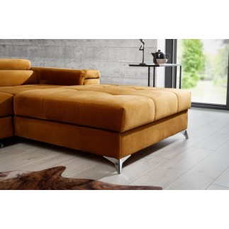 Canapé d'angle convertible en tissu velours luxe 5 places, RICHARD, couleur moutarde, angle droit