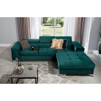 Canapé d'angle convertible en tissu velours luxe 5 places, RICHARD, vert, angle droit