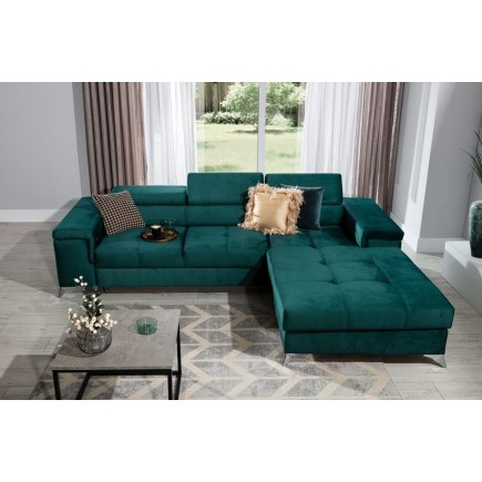 Canapé d'angle convertible en tissu velours luxe 5 places, RICHARD, vert, angle droit