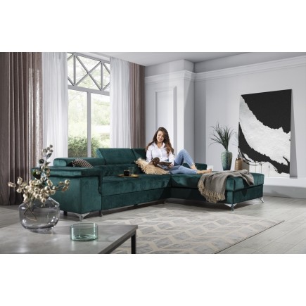 Canapé d'angle convertible en tissu velours luxe 5 places, RICHARD, vert, angle droit