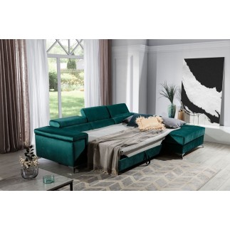 Canapé d'angle convertible en tissu velours luxe 5 places, RICHARD, vert, angle droit