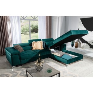 Canapé d'angle convertible en tissu velours luxe 5 places, RICHARD, vert, angle droit