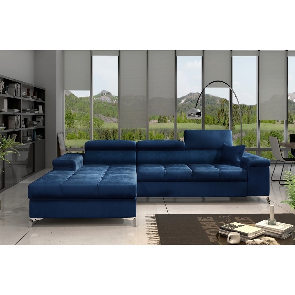 Canapé d'angle convertible en tissu velours luxe 5 places, RICHARD, bleu, angle gauche