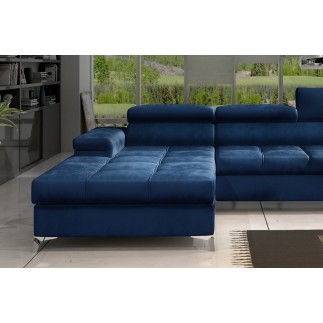 Canapé d'angle convertible en tissu velours luxe 5 places, RICHARD, bleu, angle gauche