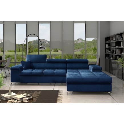 Canapé d'angle convertible en tissu velours luxe 5 places, RICHARD, bleu, angle droit