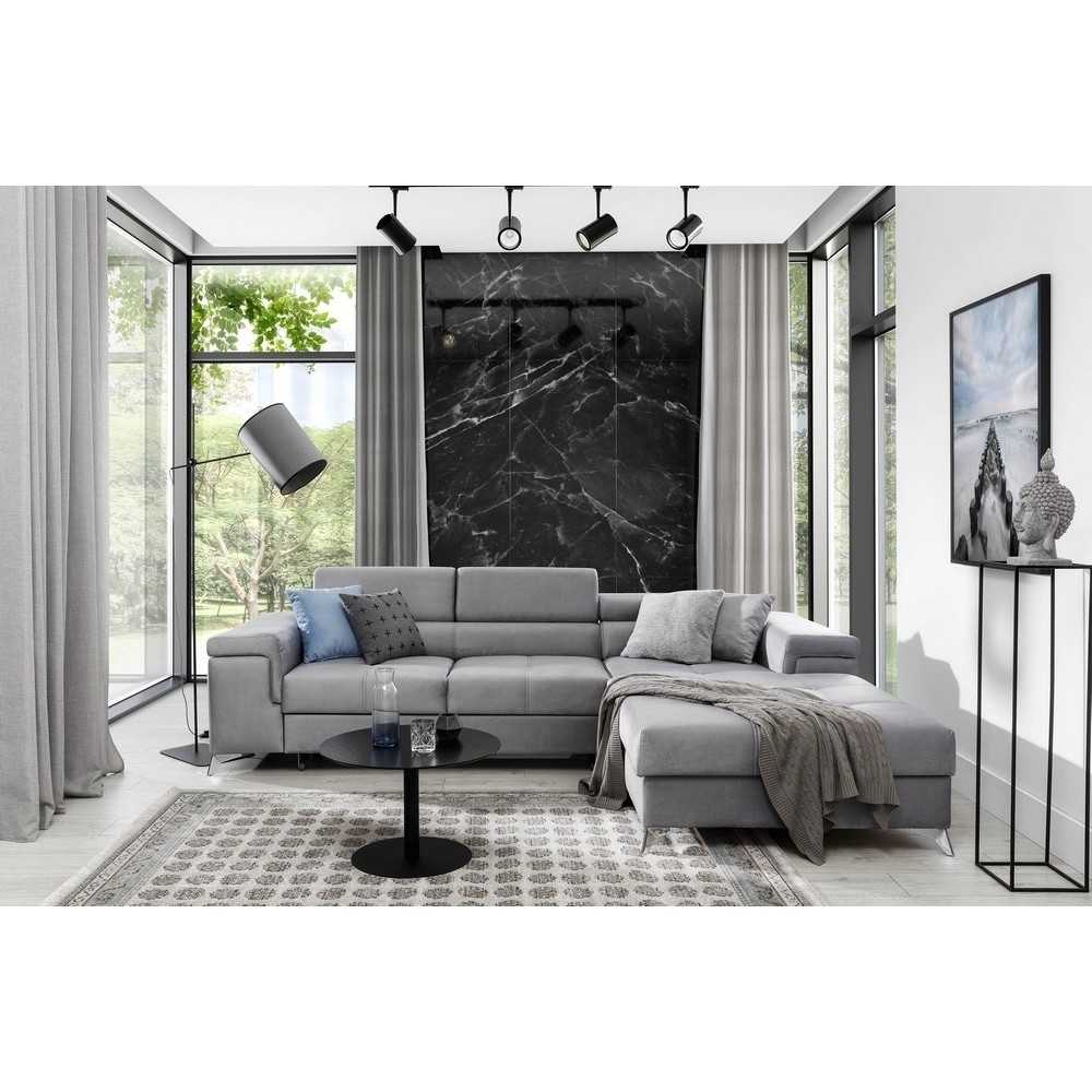 Canapé d'angle convertible en tissu velours luxe 5 places, RICHARD, gris, angle droit