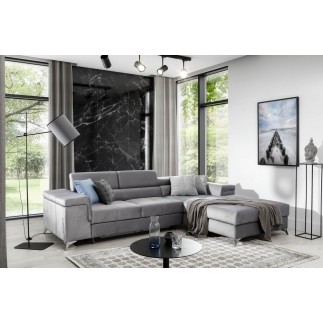 Canapé d'angle convertible en tissu velours luxe 5 places, RICHARD, gris, angle droit