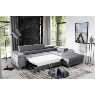 Canapé d'angle convertible en tissu velours luxe 5 places, RICHARD, gris, angle droit