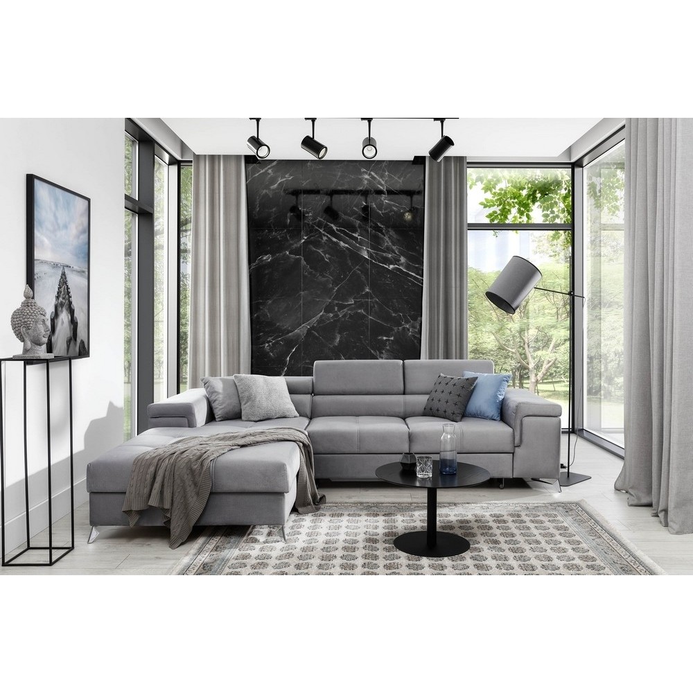 Canapé d'angle convertible en tissu velours luxe 5 places, RICHARD, gris, angle gauche
