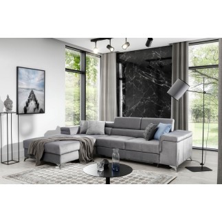 Canapé d'angle convertible en tissu velours luxe 5 places, RICHARD, gris, angle gauche