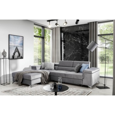 Canapé d'angle convertible en tissu velours luxe 5 places, RICHARD, gris, angle gauche