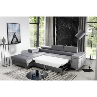 Canapé d'angle convertible en tissu velours luxe 5 places, RICHARD, gris, angle gauche