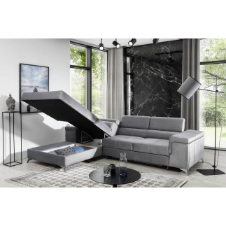 Canapé d'angle convertible en tissu velours luxe 5 places, RICHARD, gris, angle gauche