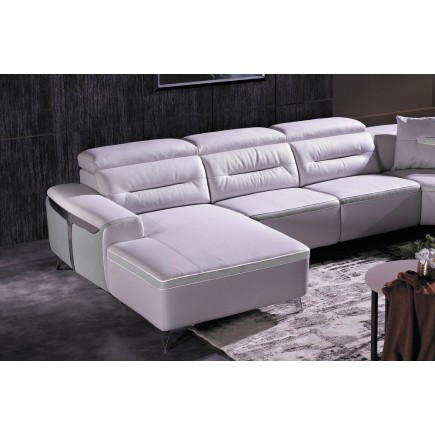 Canapé d'angle relax électrique en cuir buffle italien de luxe COMBIRELAX, blanc cassé et gris clair, angle droit, 7/8 places
