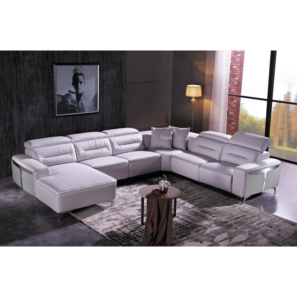 Canapé d'angle relax électrique en cuir buffle italien de luxe COMBIRELAX, blanc cassé et gris clair, angle droit + table basse,