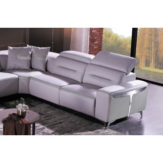 Canapé d'angle relax électrique en cuir buffle italien de luxe COMBIRELAX, blanc cassé et gris clair, angle droit + table basse