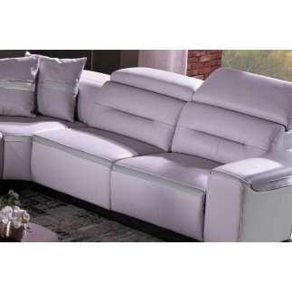 Canapé d'angle relax électrique en cuir buffle italien de luxe COMBIRELAX, blanc cassé et gris clair, angle droit + table basse