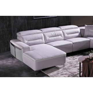 Canapé d'angle relax électrique en cuir buffle italien de luxe COMBIRELAX, blanc cassé et gris clair, angle droit + table basse