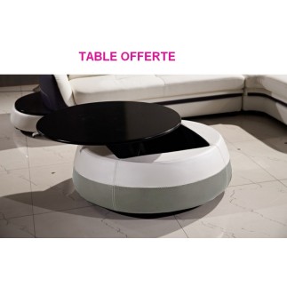 Canapé d'angle relax électrique en cuir buffle italien de luxe COMBIRELAX, blanc cassé et gris clair, angle droit + table basse