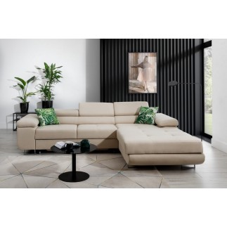 Canapé d'angle convertible ARMEL en tissu luxe 5 places, beige, avec coffre, angle droit (vu de face)