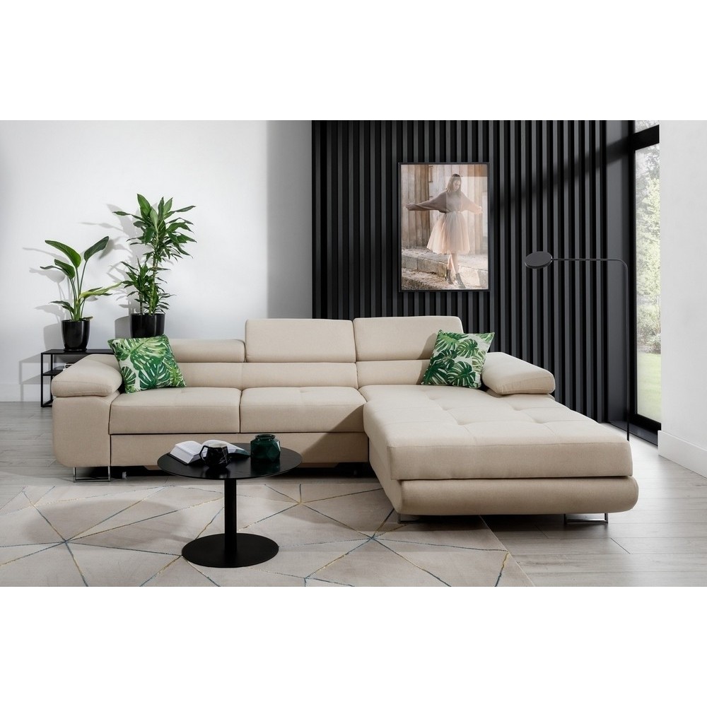 Canapé d'angle convertible ARMEL en tissu luxe 5 places, beige, avec coffre, angle droit (vu de face) Canapé d'angle convertible ARMEL en tissu luxe 5 places, beige, avec coffre, angle droit (vu de face)