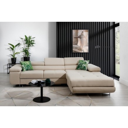 Canapé d'angle convertible ARMEL en tissu luxe 5 places, beige, avec coffre, angle droit (vu de face)