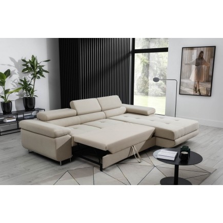 Canapé d'angle convertible ARMEL en tissu luxe 5 places, beige, avec coffre, angle droit (vu de face)