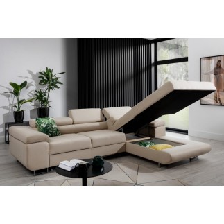 Canapé d'angle convertible ARMEL en tissu luxe 5 places, beige, avec coffre, angle droit (vu de face)